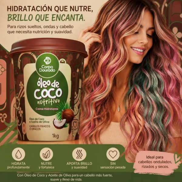 Mascarilla Capilar Oleo De Coco 1k de Corpo Dourado - mascarilla capilar para hidratación foto 5 en Maquilladas.cl
