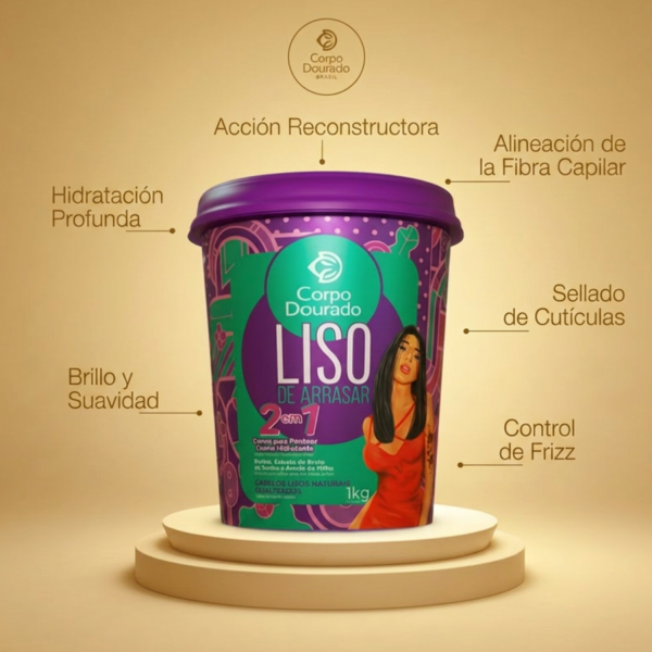 Mascarilla Capilar y Crema de peinar Liso de Arrasar 1k de Corpo Dourado - mascarilla capilar para control de frizz foto 2 en Maquilladas.cl