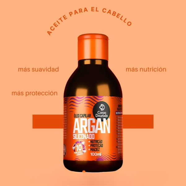 Aceite Capilar Argán Siliconado 100ml de Corpo Dourado - aceite capilar para nutrición foto 7 en Maquilladas.cl