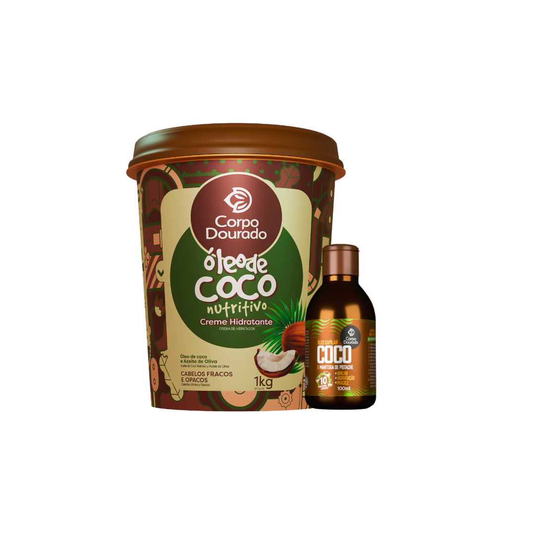 Box Bomba Capilar Nutritiva Coco Corpo Dourado, mascarilla y aceite brasileños para cabello seco