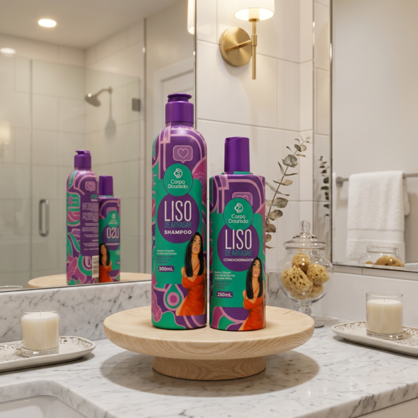 Kit Shampoo 300 ml & Acondicionador 250 ml Liso de Arrasar de Corpo Dourado - shampoo para control de frizz foto 3 en Maquilladas.cl