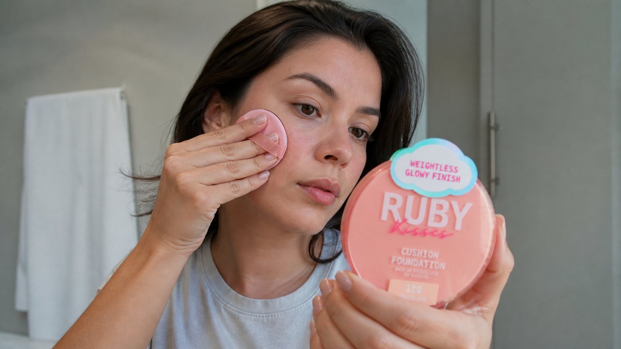 Portada de mejores bases de maquillaje en Chile con modelo usando base cushion