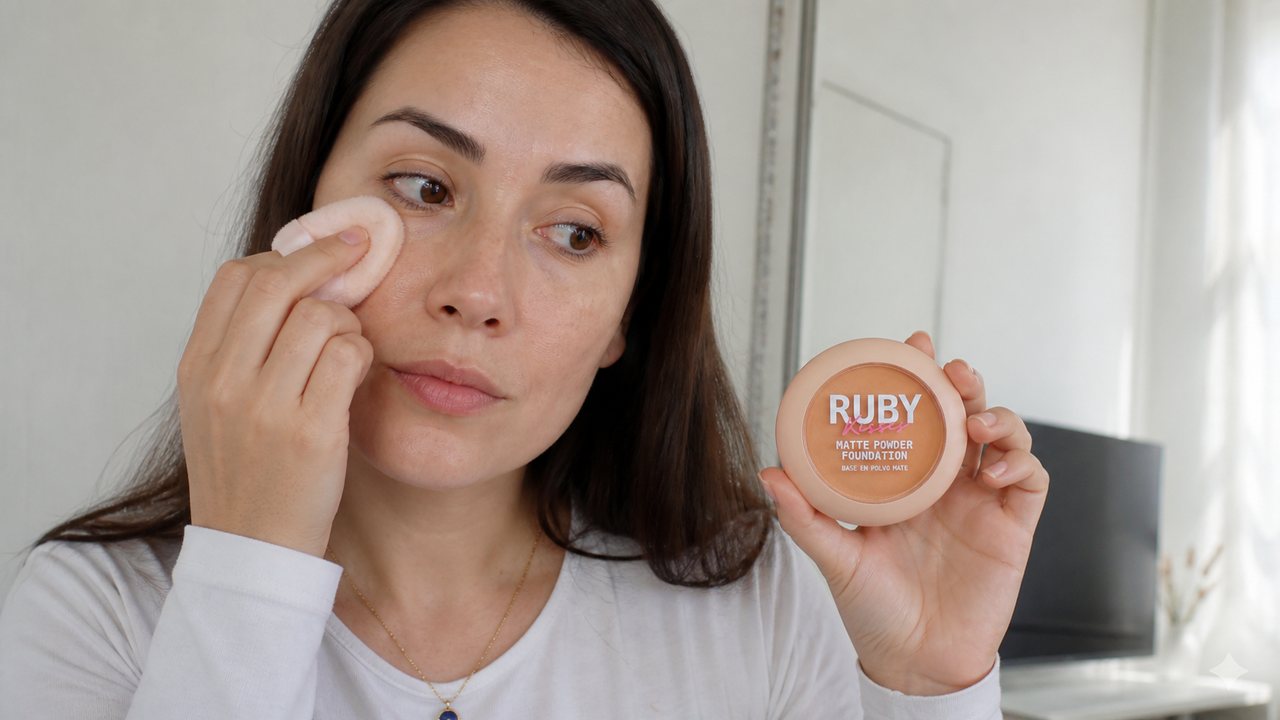 Portada de mejores polvos de maquillaje en Chile con modelo sellando el contorno de ojos