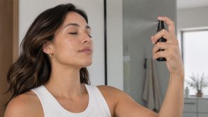 Portada de fijador de maquillaje en Chile con modelo aplicando spray fijador