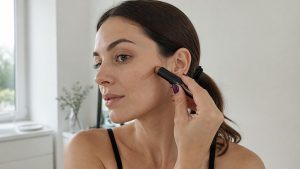 Portada de mejores contornos de maquillaje en Chile con modelo difuminando contorno en barra