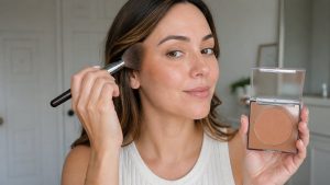 Portada de cómo elegir bronceador en Chile con modelo aplicando bronzer en polvo